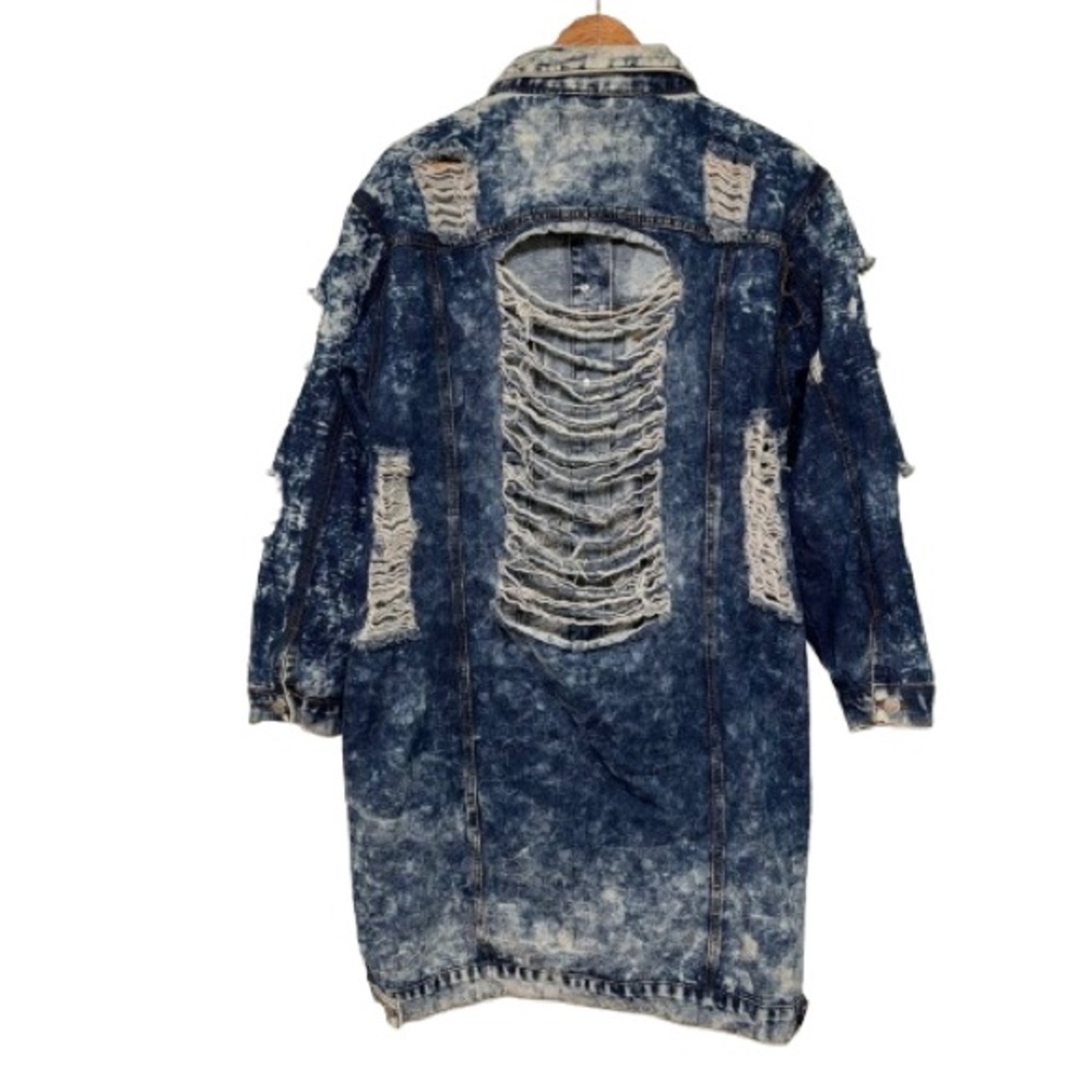 THRILL Thrashed Distressed Long Line Button Down Acid Wash Denim Jacket XL - Picture 2 of 7